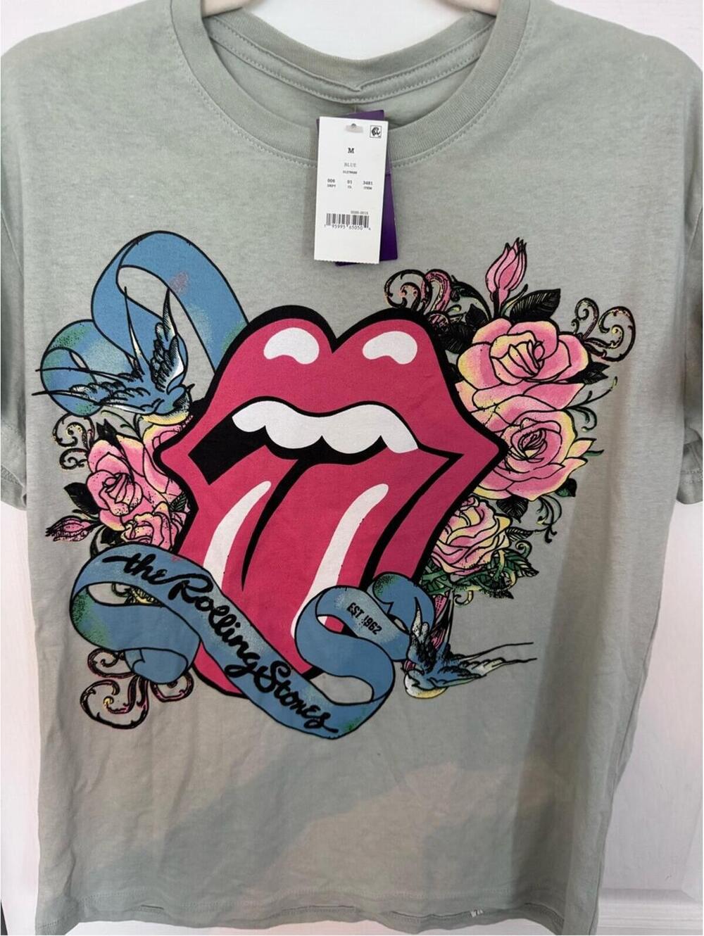 NWT, 100% Cotton Rolling Stones Mint Green Tee with Pink Tongue and Blue Ribbon